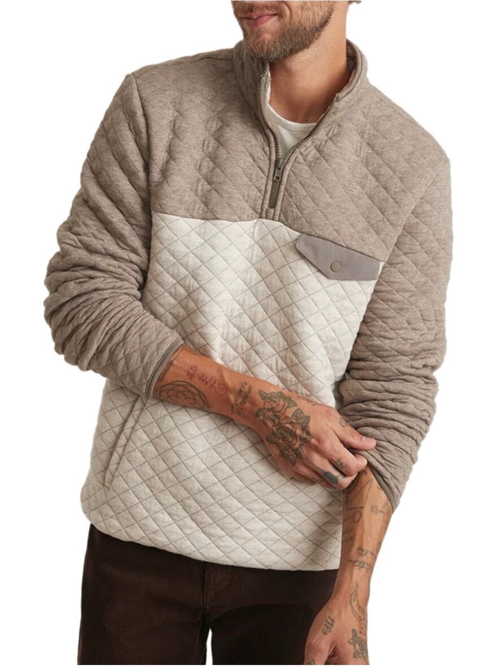 Marine Layer Heavyweight Corbet Pullover Men’s M Quilted Oatmeal Colorblock